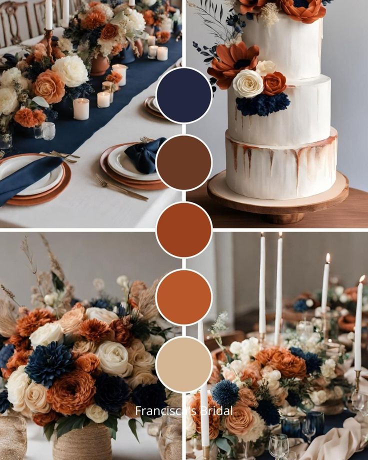 the wedding cake is decorated with orange and blue flowers, candles, and napkins