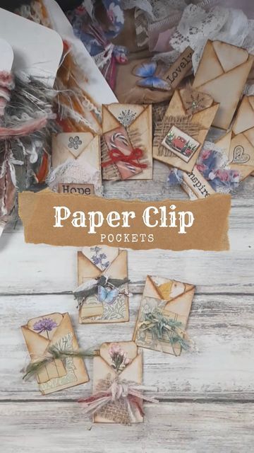 the cover of paper clip pockets is shown on a wooden table with many different pictures