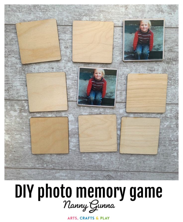 some wooden squares with pictures on them and the words diy photo memory game above it