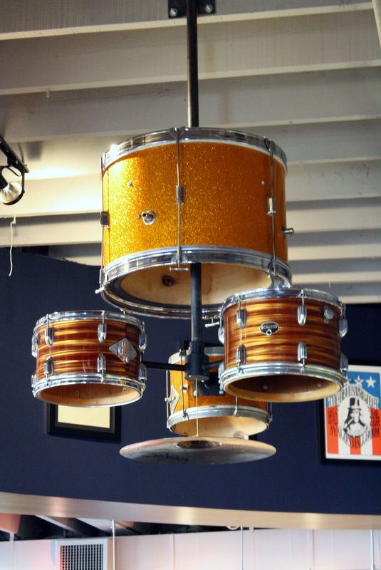 a drum set hanging from the ceiling in a room