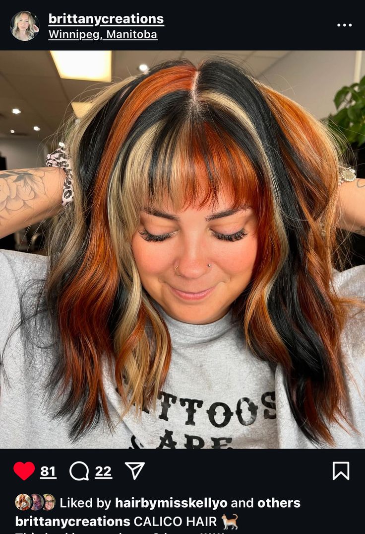 Chunky Fall Hair, Colorful Fall Hair Colors, Brown Hair With Orange Streaks, Edgy Color Block Hair, Blonde Copper And Brown Hair, Calico Hair Placement, Calico Hair With Bangs, Orange Hair With Black Tips, Calico Hair Color Placement