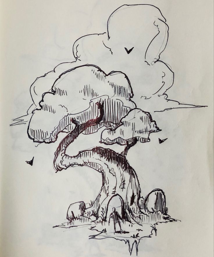 a drawing of a tree with birds flying around it