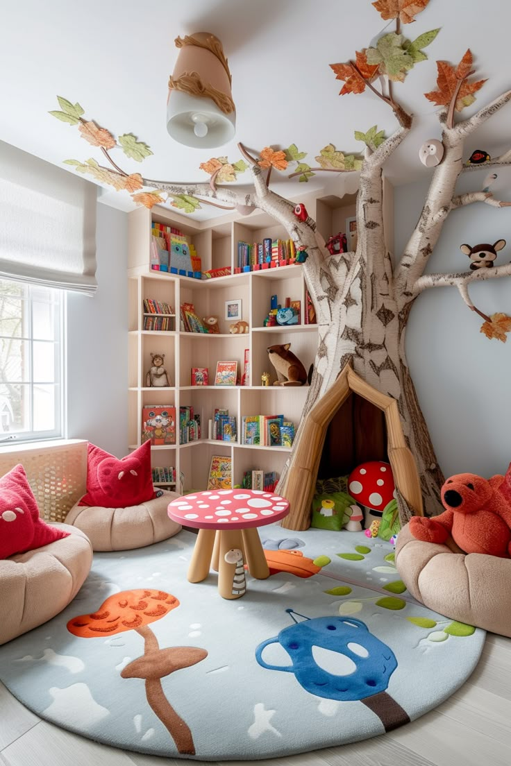 a child's playroom with toys and bookshelves in the corner,