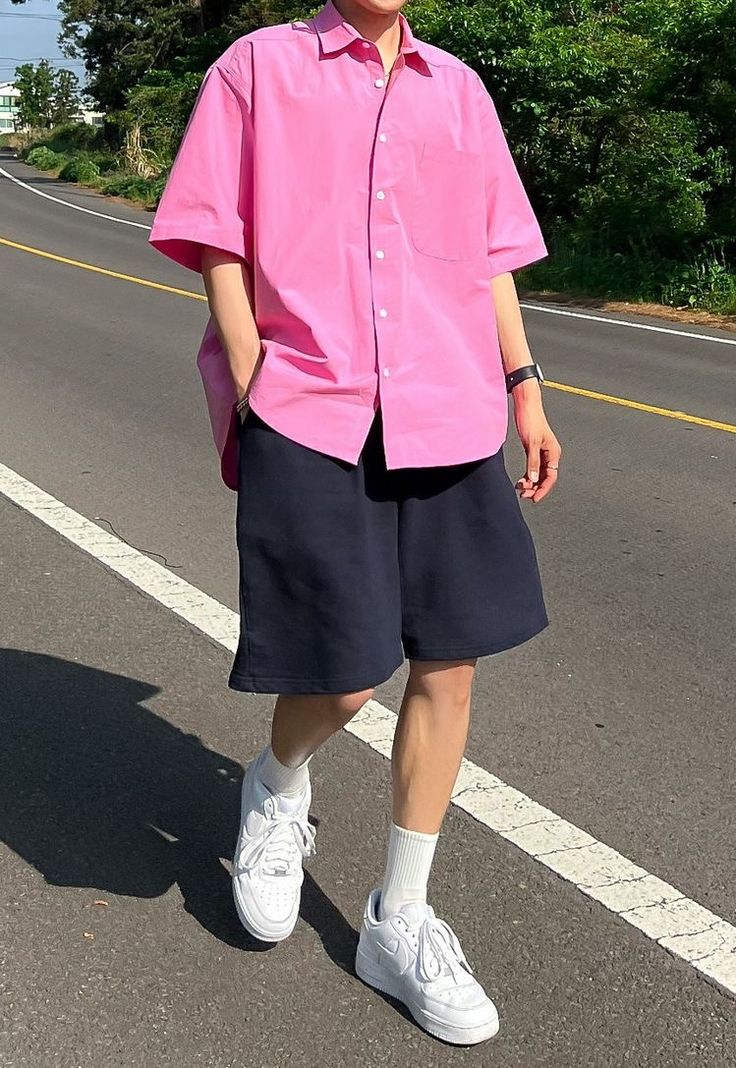 white shoes, white socks, black shorts, pink flannel, pink button up shirt, outfit ideas, outfit inspo, men’s fashion Barbie Guy Outfit, Pink Outfits Aesthetic Masc, Barbie Outfit Inspo Men, Barbie Movie Outfits Ideas Men, Ken Barbie Outfit Ideas For Men, Masc Barbie Outfit, Pink Summer Outfits Men, Barbie Aesthetic Outfit Men, Mens Barbie Outfit