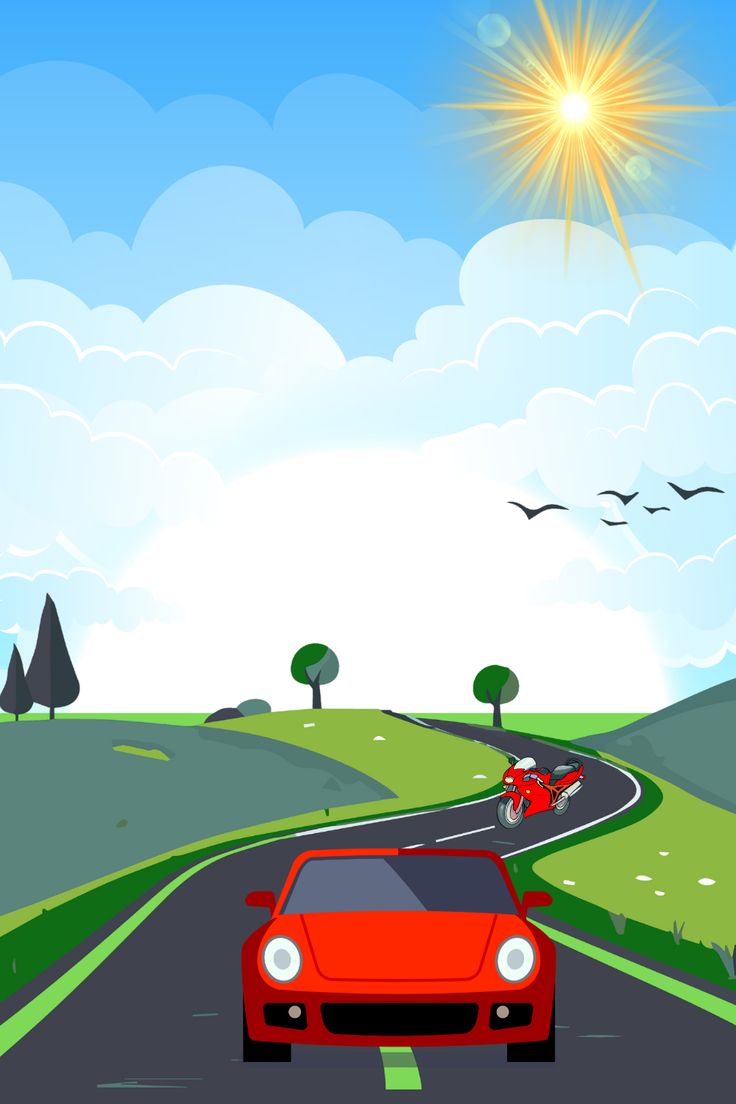 a red car driving down a road next to a lush green field with trees and birds