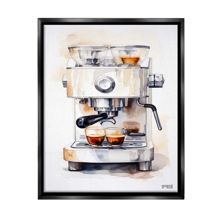 a watercolor painting of a coffee machine with three cups on the front and two espresso machines behind it