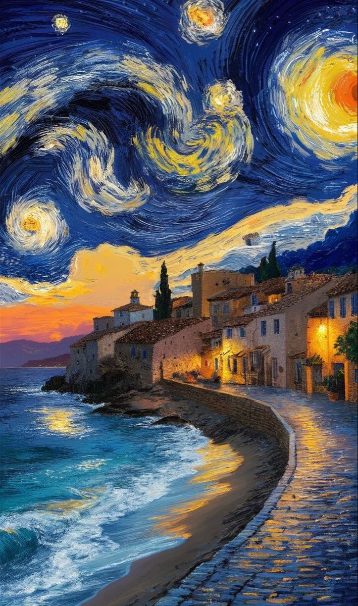 a painting of a night scene with stars and the ocean