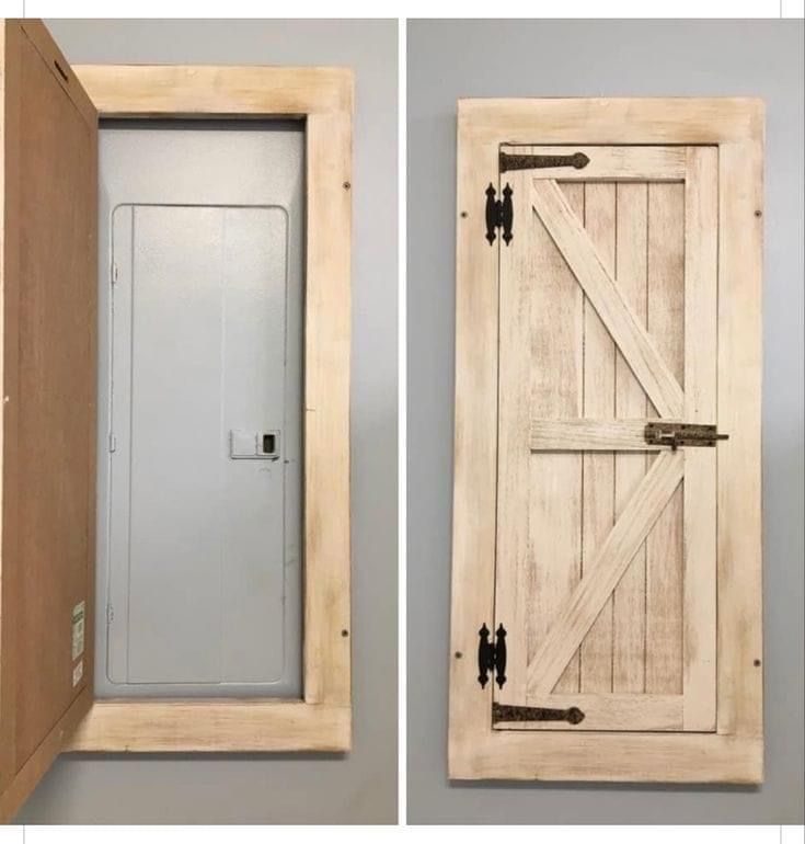 an open wooden door is shown in two different views