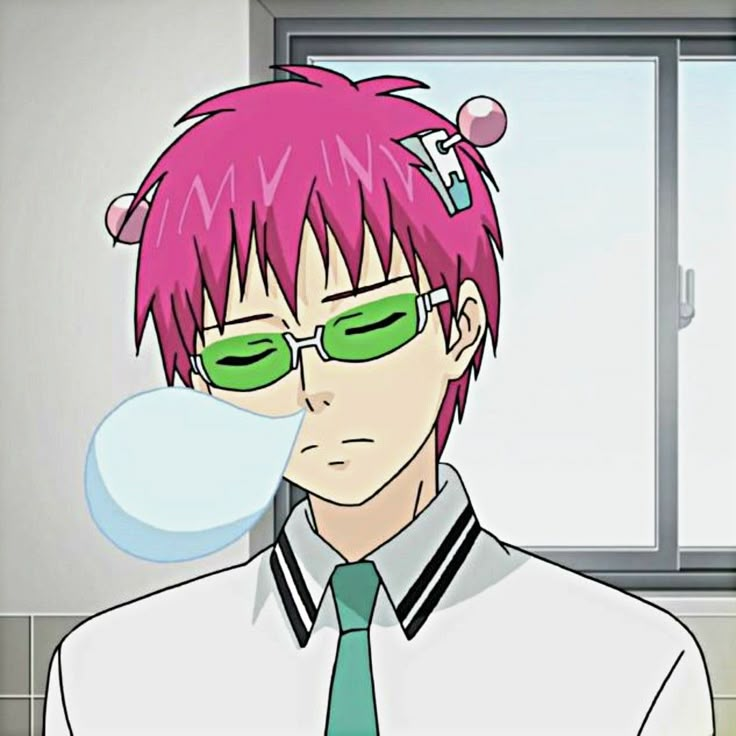 a man with pink hair and green glasses wearing a tie in front of a window