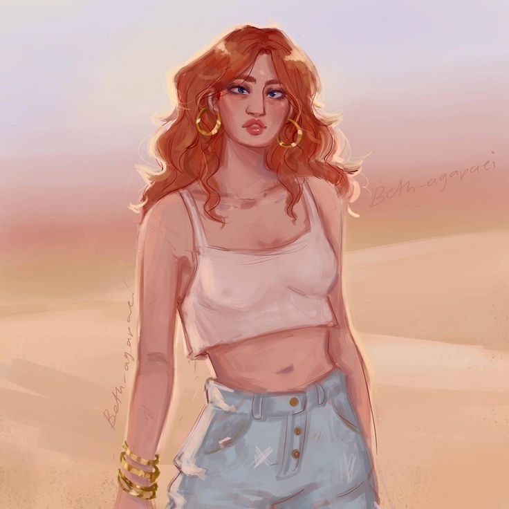 a drawing of a woman with red hair wearing shorts and a tank top standing in the sand