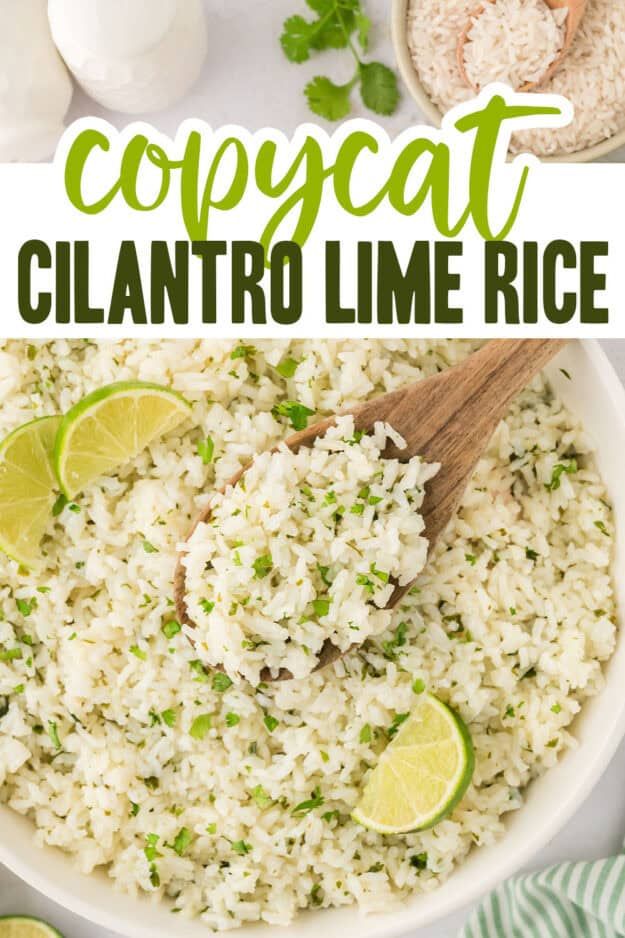 a bowl full of rice with limes and parsley in the background text reads copycat cilantro lime rice