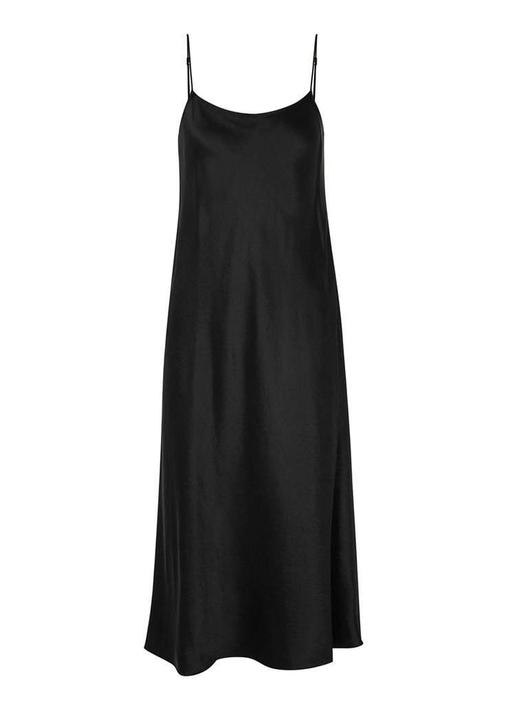 Long Description#Info & Care# Vince hammered satin slip dress Adjustable spaghetti shoulder straps Slips on 100% acetate #Size & Fit# Hand wash Length shoulder to hem: 48 inches/ 122cm Midweight Loose style slim across the waist and hips Model is 5'9"/ 175cm and wears a size small Black Spaghetti, Leather Midi Skirt, Satin Midi Skirt, Brown Silk, Satin Midi Dress, Loose Style, Satin Slip, Satin Slip Dress, Designer Gowns