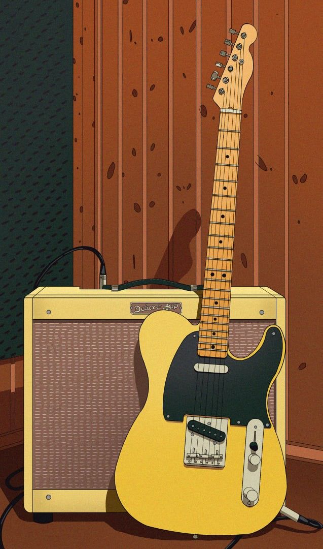 an electric guitar and amp sitting in front of a wooden wall