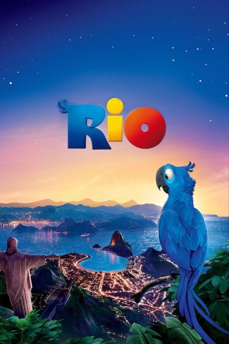 the rio movie poster with two birds perched on top of each other, looking out at the ocean