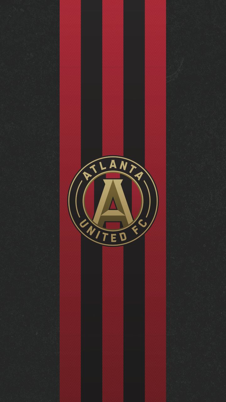 the atlanta united soccer team logo on a black and red striped wallpaper with gold letters