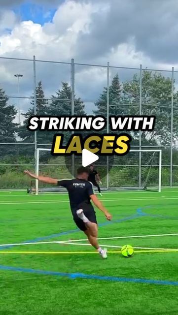 a young man kicking a soccer ball on top of a lush green field with the words striking with laces