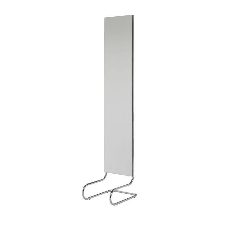 a tall mirror with a metal holder on it