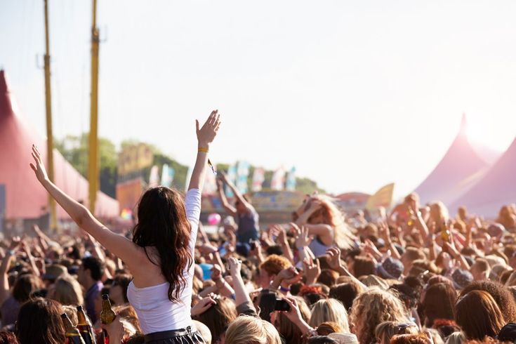 a crowd at a music festival with their arms in the air