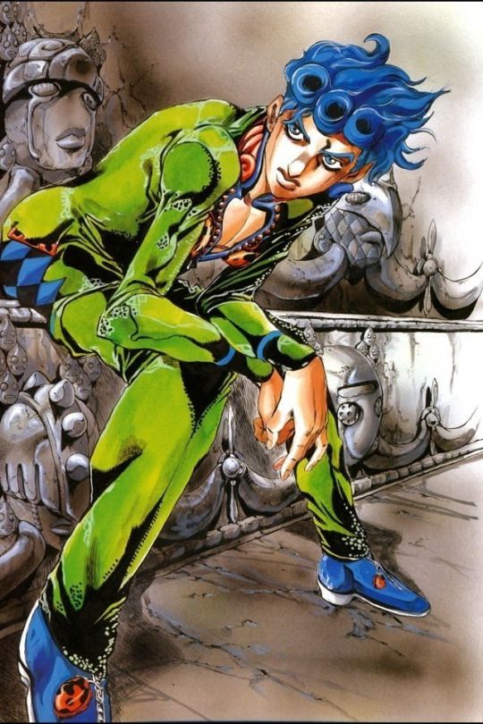 a drawing of a woman with blue hair and green outfit crouching on a bench