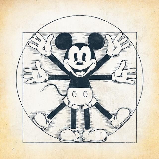 a drawing of mickey mouse with his hands in the shape of a circle on a piece of paper