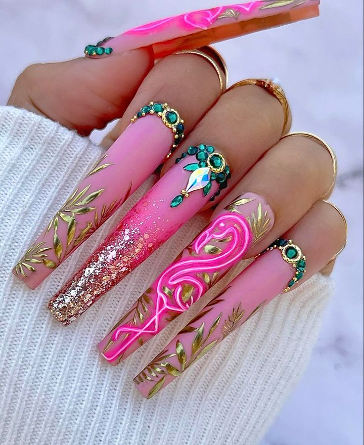 Pink Summer Nails, Long Press On Nails, Animal Nails, Ballerina Nails, Trendy Nail Art, Stick On Nails, Nail Shapes, Artificial Nails, Gold Nails