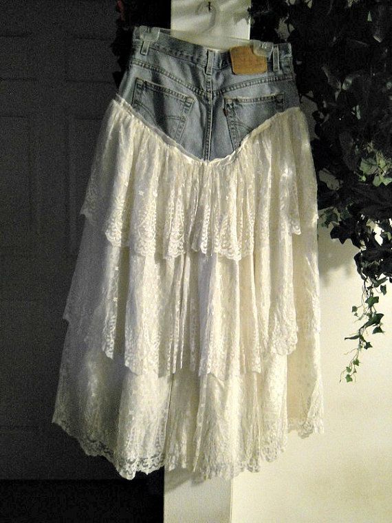 Denim Skirts With Lace, Jean Skirt With Lace, Jean Diy, Denim Couture, Ropa Upcycling, Skirt Diy, Upcycled Jeans, Skirt Inspiration, Skirt Tulle