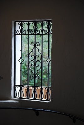 a window with iron bars and potted plants on the ledge in front of it