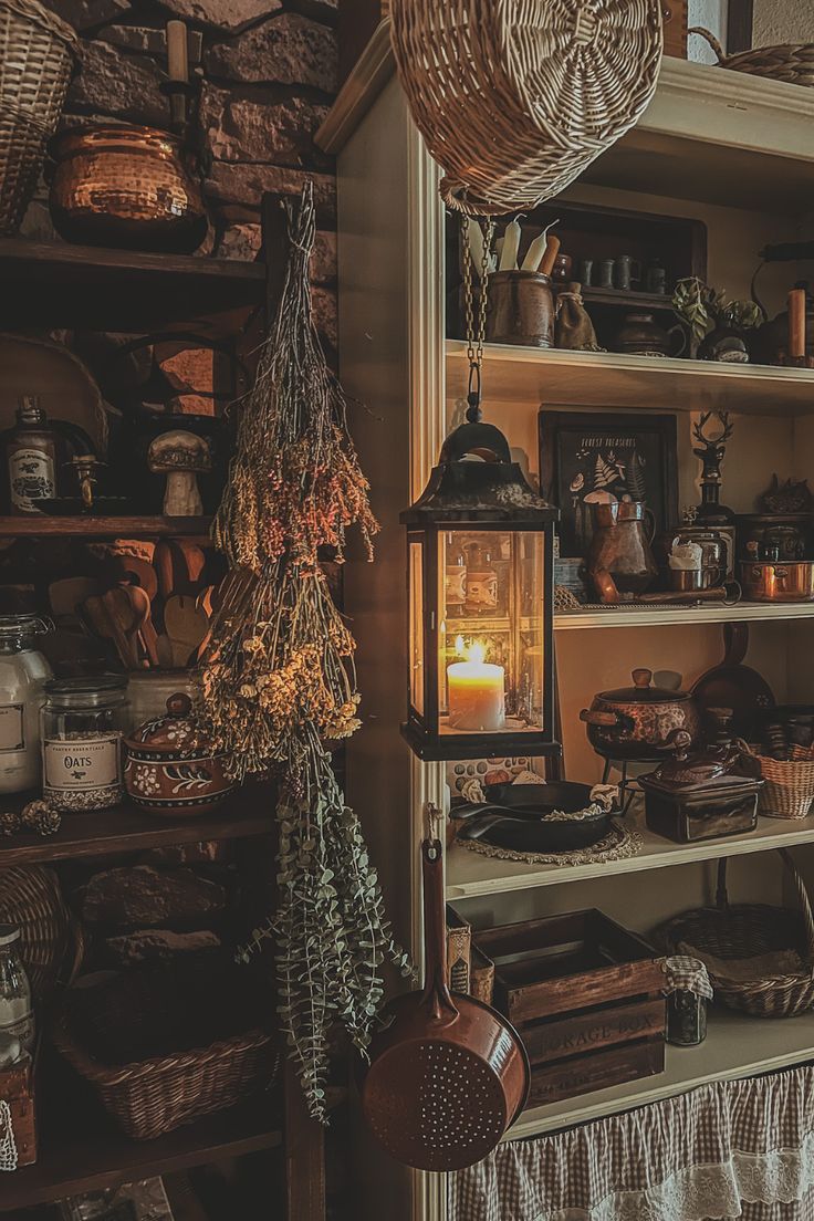 an old fashioned lantern hanging from the ceiling in a room filled with baskets and other items