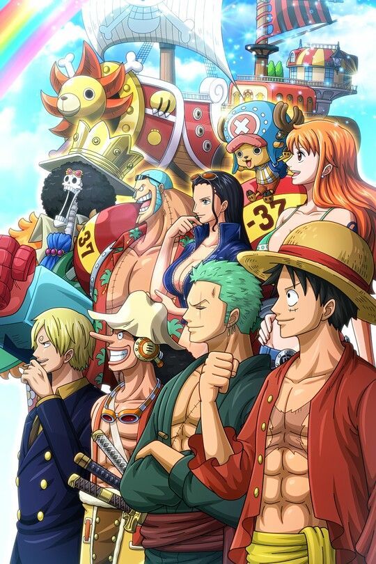 one piece characters are standing in front of a rainbow and other anime characters, all wearing hats