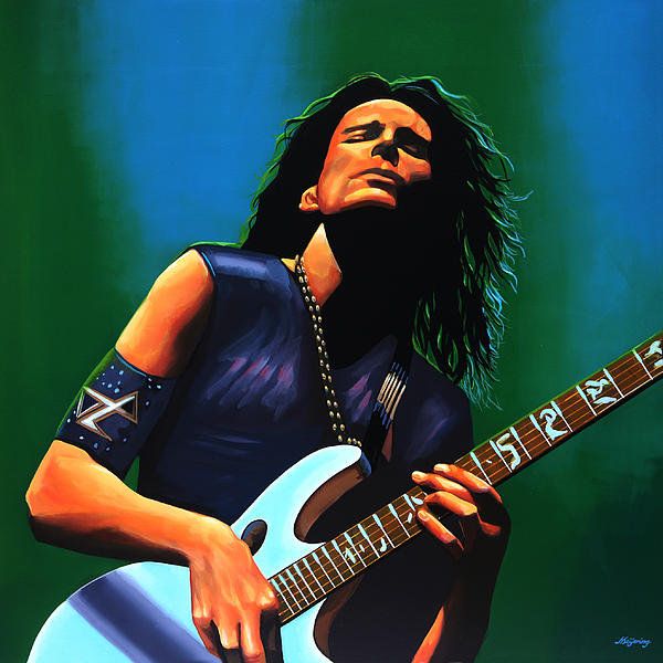 a painting of a man with long hair playing an electric guitar