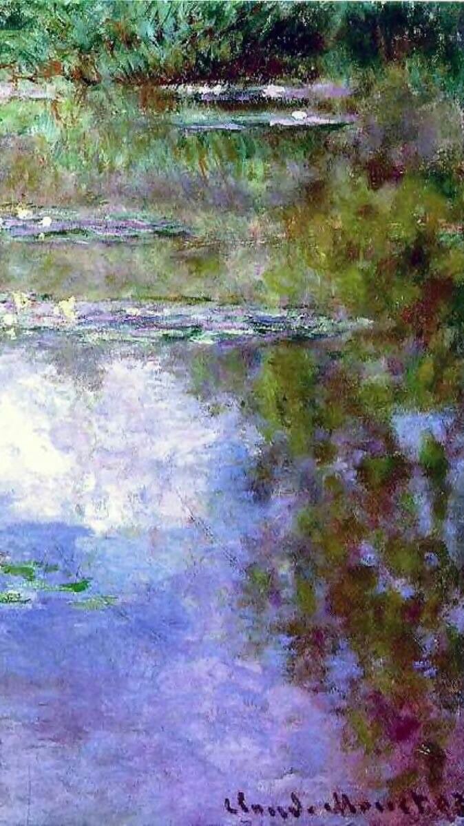 a painting of water lilies and trees in the background with sky reflected on the water