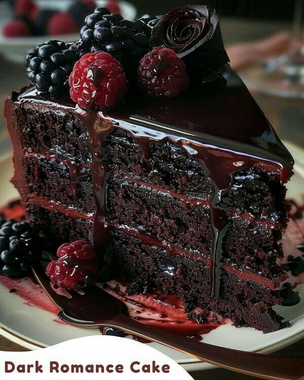 a slice of chocolate cake with berries on top