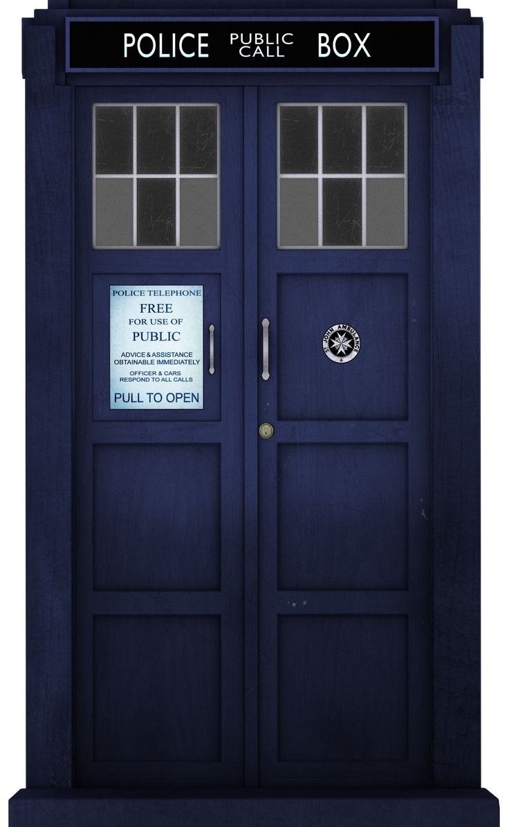 the tardish police box is painted in blue and has a sign on it