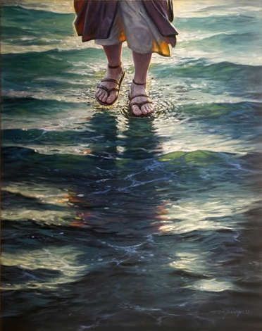 a painting of a person standing in the water