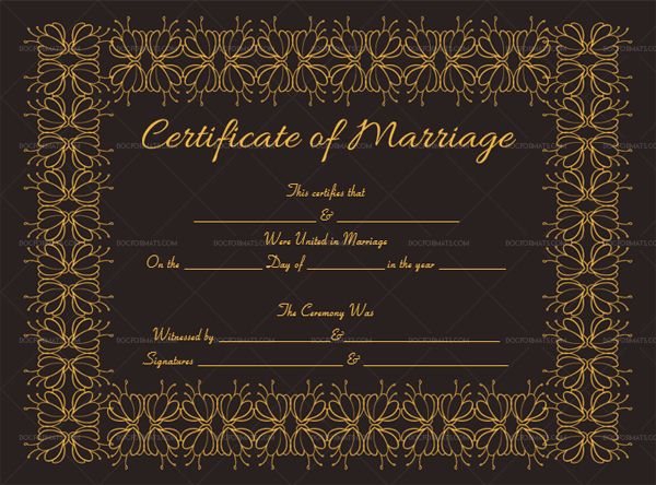 certificate of marriage with golden ornament pattern on black and gold background, in the style of art deco