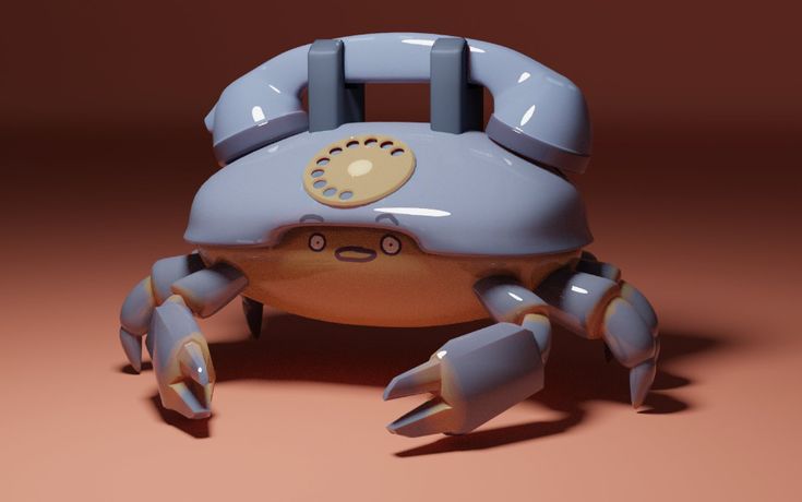 a blue and yellow plastic crab on a brown background