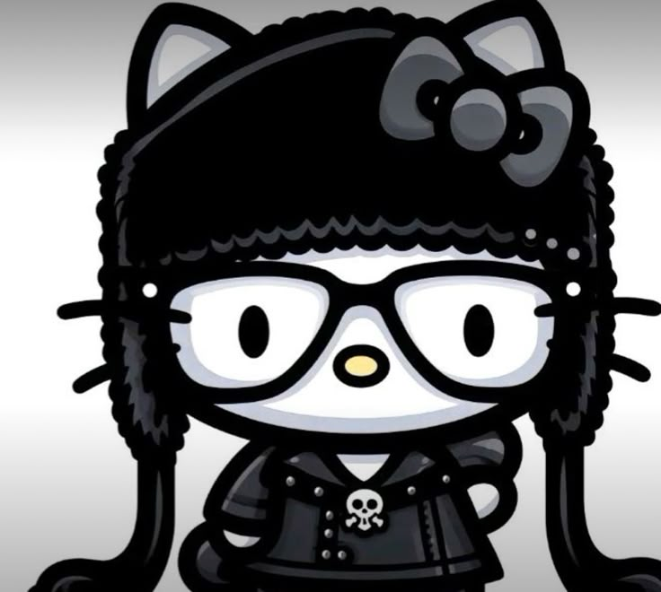 an image of a hello kitty with glasses and a skull on her head wearing a black outfit