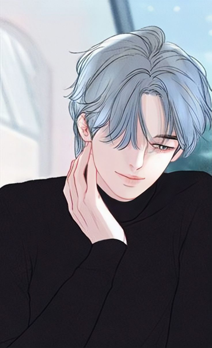 an anime character with blue hair and black shirt sitting in front of a window, holding his hand to his face