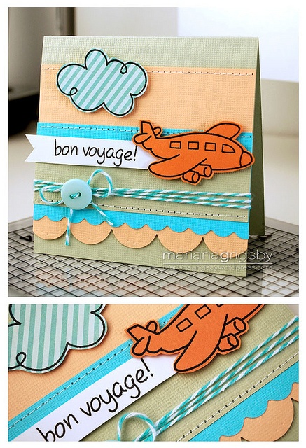 two cards with different designs on them, one has an airplane and the other says bon voyage