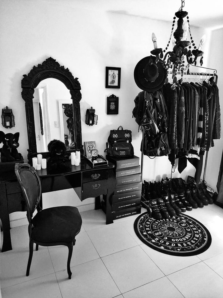 a black and white photo of a dressing room