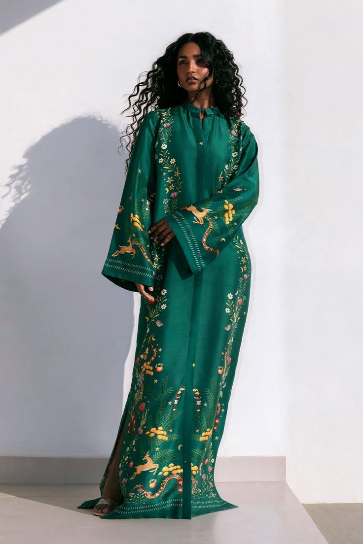 Zuri Green Tunic Kaftan For Festive Occasions, Festive Long Sleeve Kaftan With Digital Print, Green Silk Kurta With Floral Print, Traditional Green Floral Print Kaftan, Traditional Green Floral Kaftan, Traditional Green Kurta With Floral Print, Traditional Green Floral Print Kurta, Traditional Green Maxi Length Kaftan, Green Bohemian Kaftan For Festive Occasions