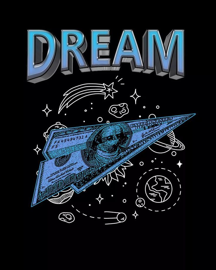 a black shirt with the words dream written on it and money bill flying through space