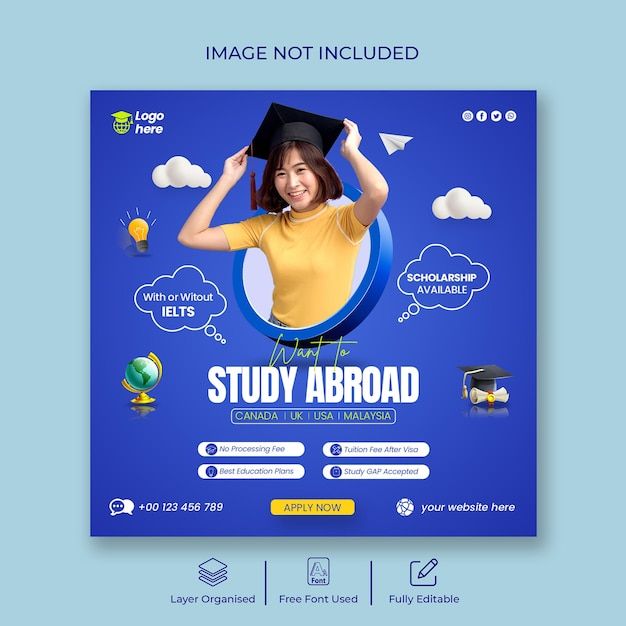 a blue and yellow poster with a woman wearing a graduation cap on it's head