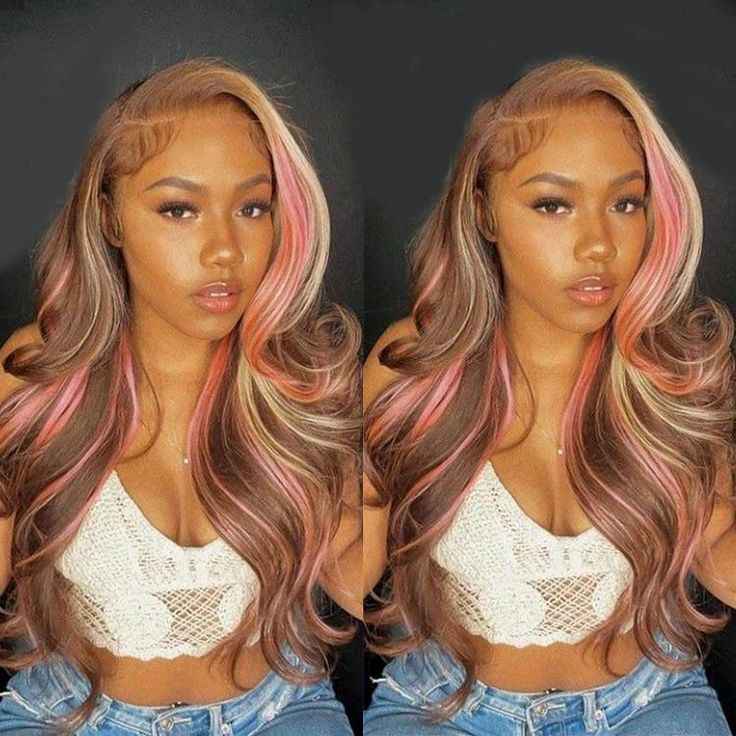 WIGGINS Pink Highlights In Brown Hair Body Wave Lace Closure/Frontal Wigs Brown Hair With Pink Highlights, Balayage On Brown Hair, Brown And Pink Hair, Pink Balayage, Body Wave Lace Front Wigs, Pink Blonde Hair, Color Rubio, Frontal Wig Hairstyles, Blonde With Pink