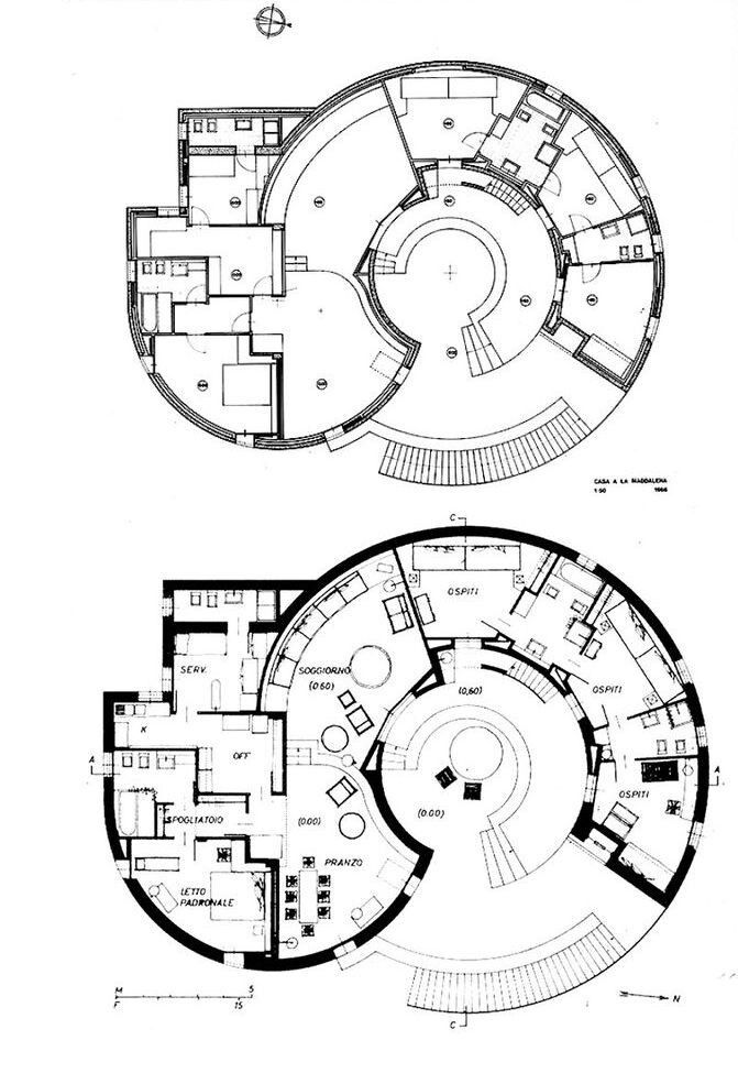 two plans for a circular house with spiral staircases