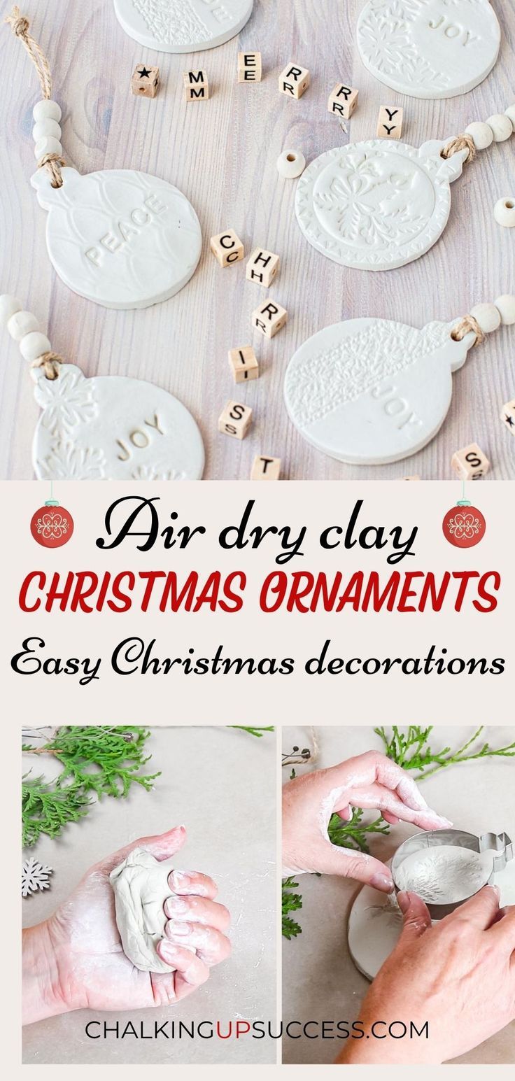 christmas ornaments that are being made with clay and wooden letters, including the words dray clay