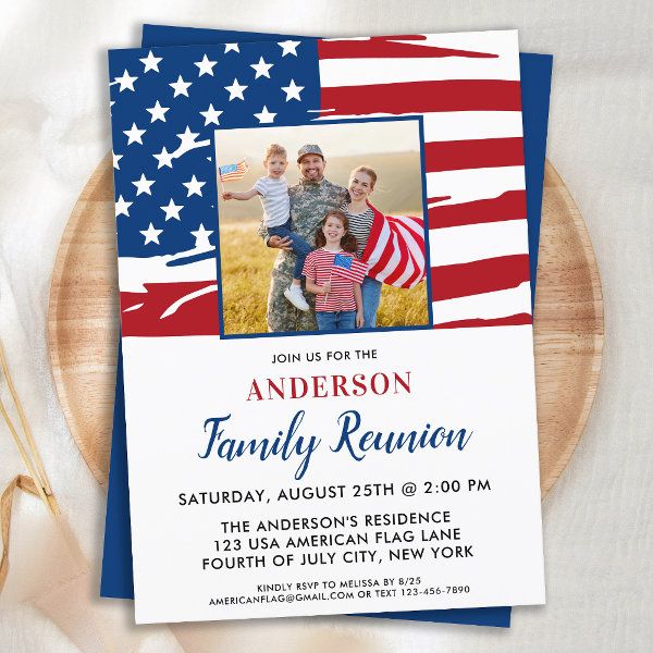 an american flag is on the back of this patriotic photo birthday party card, and it's in front of a wooden plate