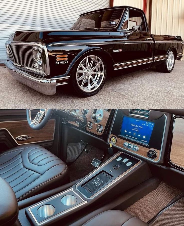 the interior and dashboard of a black car with chrome trims, including an electronic console