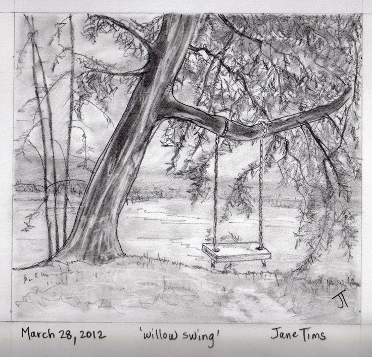 a pencil drawing of a tree with a swing in the foreground and a river behind it