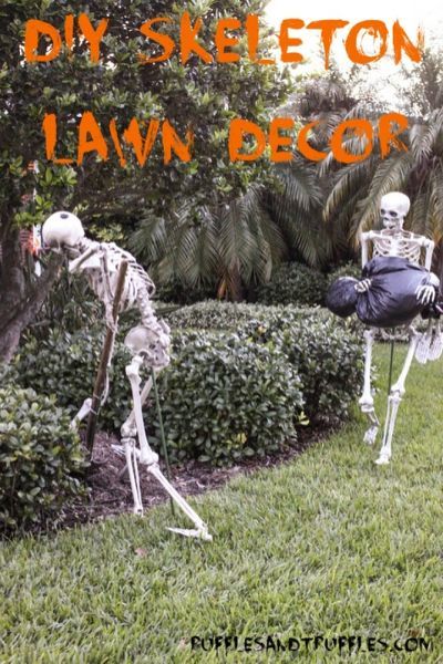 two skeletons in the grass with text overlay saying diy skeleton lawn decor